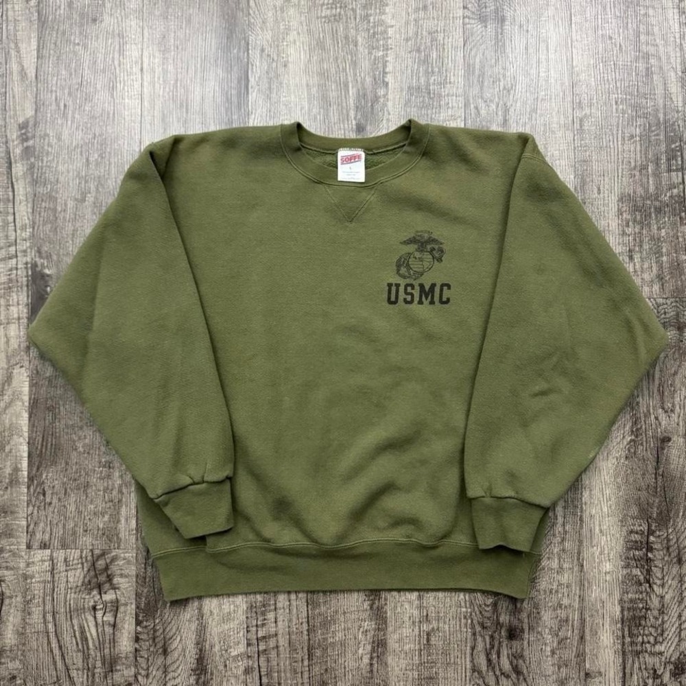 Vintage Olive Green USMC Marine Corps Military Crewneck Sweatshirt Soffe L